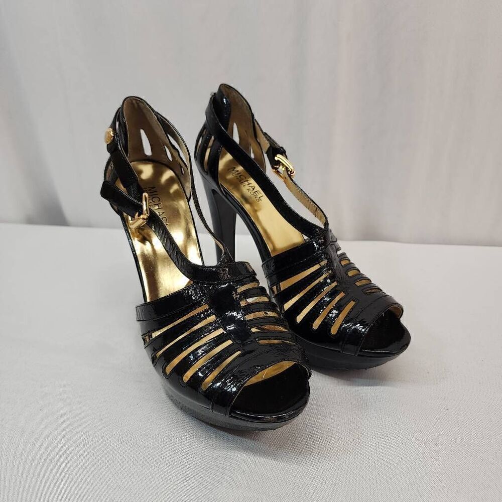 Michael Kors Size 9 M Joslin Black Patent Leather Platform Sandal Heels Strappy
